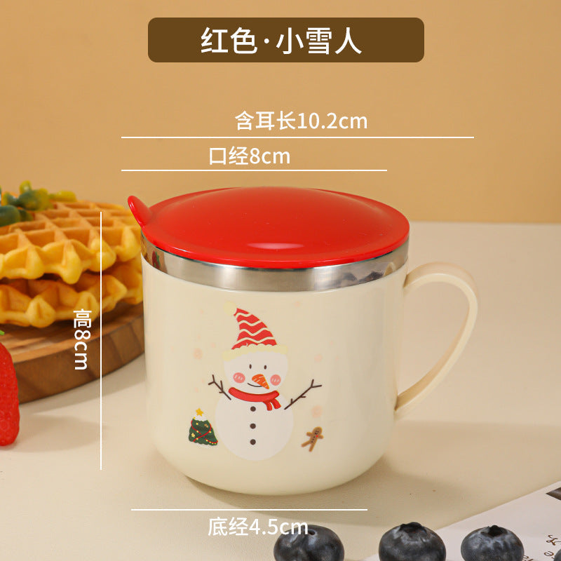 304 Stainless Steel Kidsren's Water Cup Cartoon with Handle Kindergarten Student Drinking Cup Milk Cup with Lid Double-Layer Cup