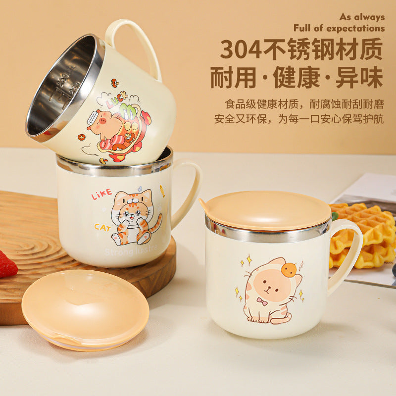 304 Stainless Steel Kidsren's Water Cup Cartoon with Handle Kindergarten Student Drinking Cup Milk Cup with Lid Double-Layer Cup