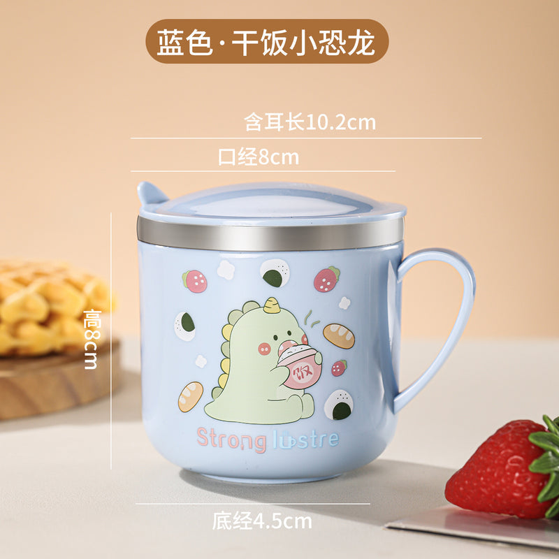 304 Stainless Steel Kidsren's Water Cup Cartoon with Handle Kindergarten Student Drinking Cup Milk Cup with Lid Double-Layer Cup