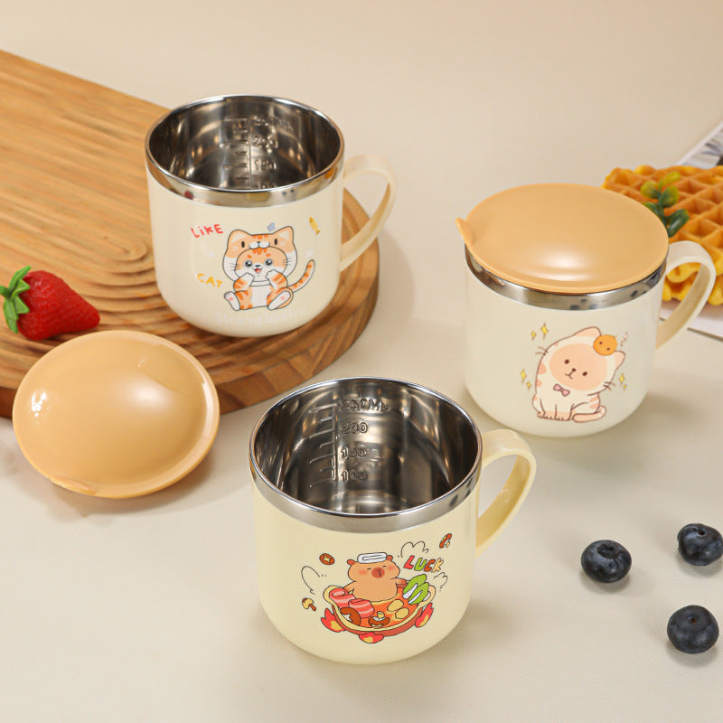 304 Stainless Steel Kidsren's Water Cup Cartoon with Handle Kindergarten Student Drinking Cup Milk Cup with Lid Double-Layer Cup