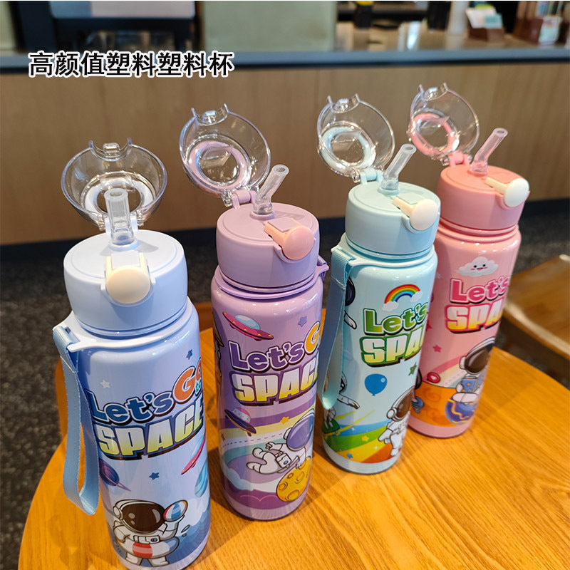 Pop-Up Cover Cross-Border New Cartoon Astronaut Water Cup Children's Convenient Portable Cup Straw Water Cup Plastic Cup