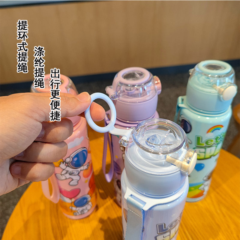 Pop-Up Cover Cross-Border New Cartoon Astronaut Water Cup Children's Convenient Portable Cup Straw Water Cup Plastic Cup