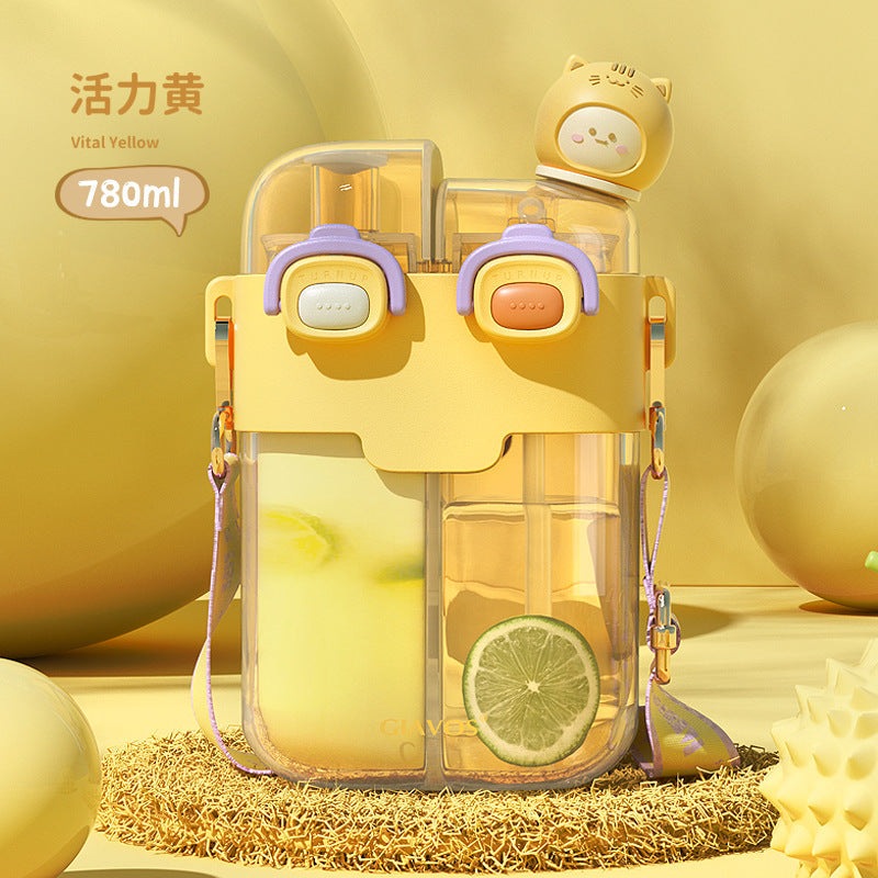 【Giavos】Children's Water Bottle, Large Capacity Summer Water Cup with Separate Compartments, Dual Drinking Cup, Sports Water Bottle, Trendy Water Bottle with Separate Compartments