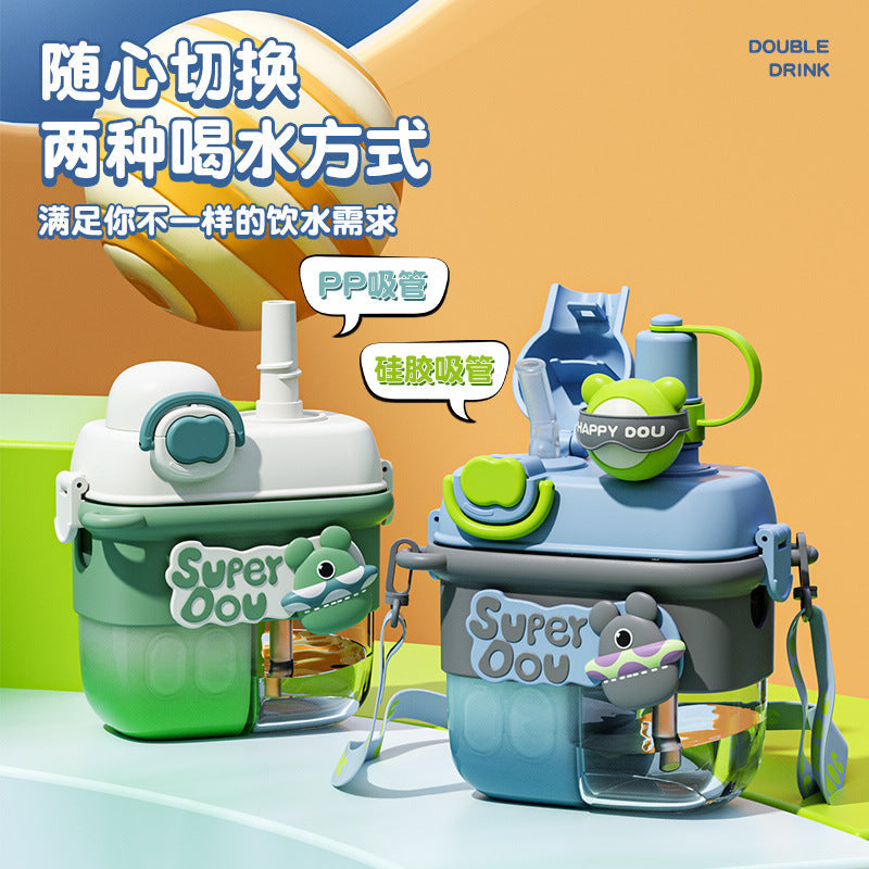 【Giavos】Children's Water Bottle, Large Capacity Summer Water Cup with Separate Compartments, Dual Drinking Cup, Sports Water Bottle, Trendy Water Bottle with Separate Compartments