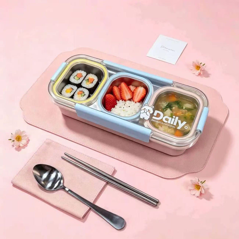 304 Stainless Steel Independent Compartment Sealed Lunch Box with Large Capacity, Including Spoon and Chopsticks, Food-Grade Certified, Student-Specific Lunch Box