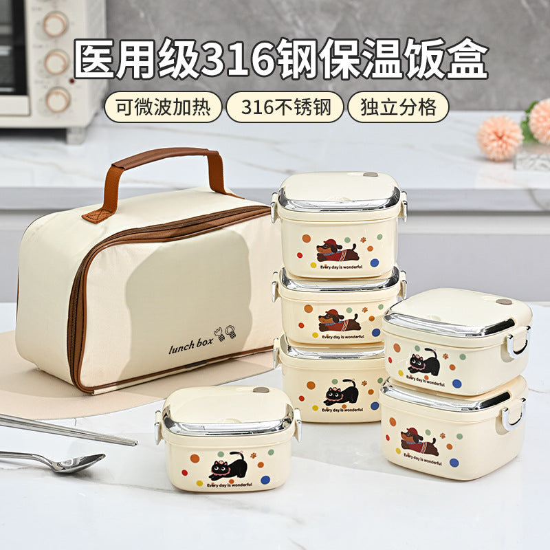 316 Stainless Steel Single-Layer Lunch Box, Microwaveable, Leak-Proof, Multiple Insulated Lunch Boxes with Thermal Bags
