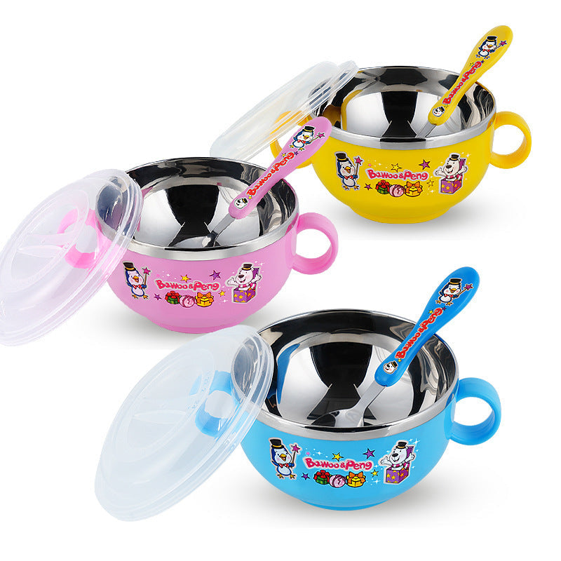 Stainless Steel Cartoon Children's Bowl Double Handle with Lid Heat Insulation Baby Baby Soup Rice Bowl Kindergarten Dining Bowl 420ml