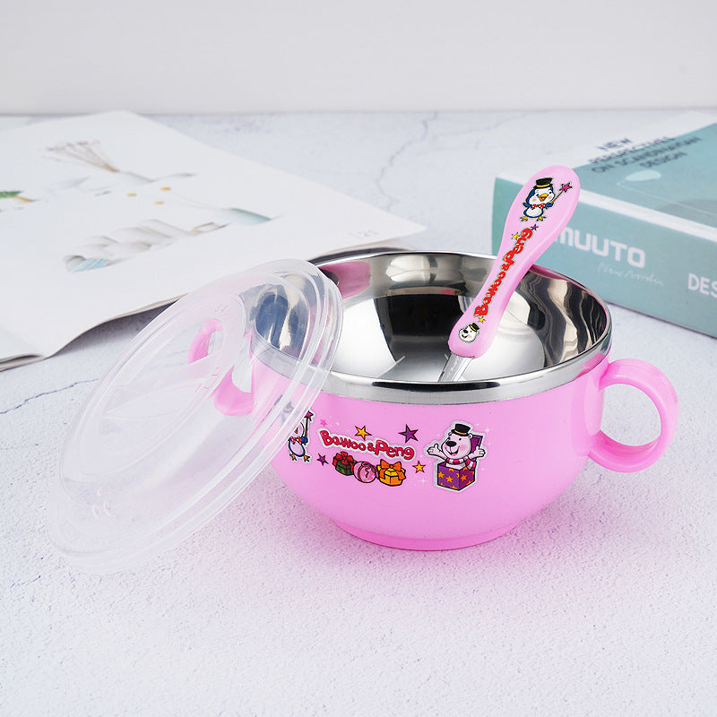 Stainless Steel Cartoon Children's Bowl Double Handle with Lid Heat Insulation Baby Baby Soup Rice Bowl Kindergarten Dining Bowl 420ml