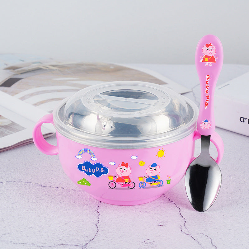 Stainless Steel Cartoon Children's Bowl Double Handle with Lid Heat Insulation Baby Baby Soup Rice Bowl Kindergarten Dining Bowl 420ml