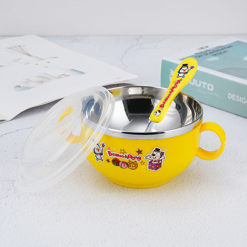 Stainless Steel Cartoon Children's Bowl Double Handle with Lid Heat Insulation Baby Baby Soup Rice Bowl Kindergarten Dining Bowl 420ml