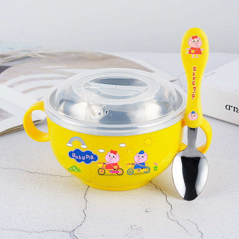 Stainless Steel Cartoon Children's Bowl Double Handle with Lid Heat Insulation Baby Baby Soup Rice Bowl Kindergarten Dining Bowl 420ml