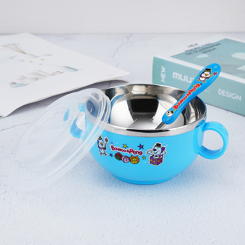 Stainless Steel Cartoon Children's Bowl Double Handle with Lid Heat Insulation Baby Baby Soup Rice Bowl Kindergarten Dining Bowl 420ml