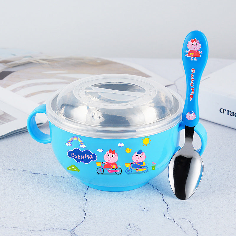 Stainless Steel Cartoon Children's Bowl Double Handle with Lid Heat Insulation Baby Baby Soup Rice Bowl Kindergarten Dining Bowl 420ml