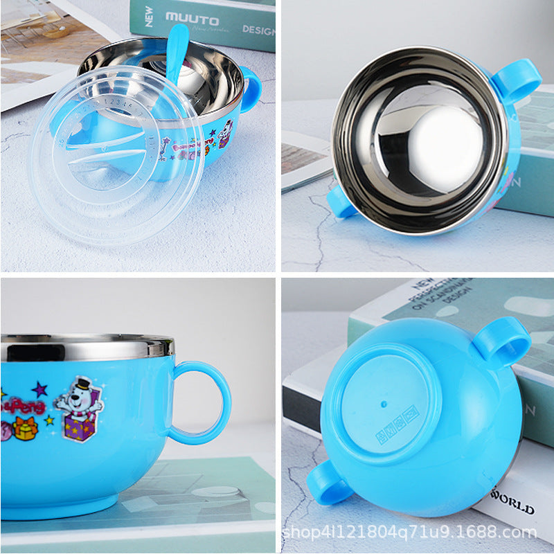 Stainless Steel Cartoon Children's Bowl Double Handle with Lid Heat Insulation Baby Baby Soup Rice Bowl Kindergarten Dining Bowl 420ml