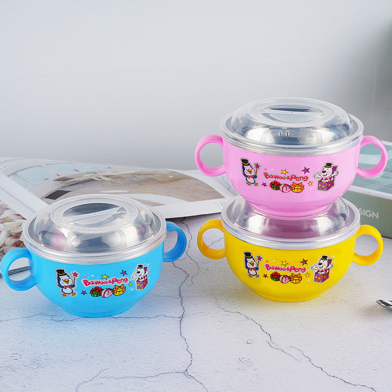 Stainless Steel Cartoon Children's Bowl Double Handle with Lid Heat Insulation Baby Baby Soup Rice Bowl Kindergarten Dining Bowl 420ml