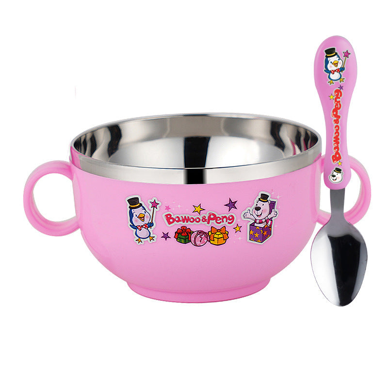 Stainless Steel Cartoon Children's Bowl Double Handle with Lid Heat Insulation Baby Baby Soup Rice Bowl Kindergarten Dining Bowl 420ml
