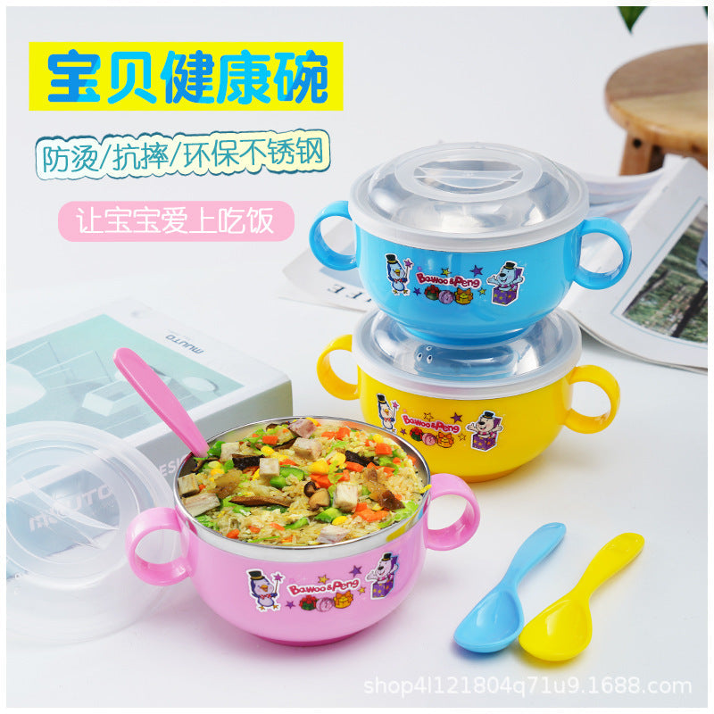 Stainless Steel Cartoon Children's Bowl Double Handle with Lid Heat Insulation Baby Baby Soup Rice Bowl Kindergarten Dining Bowl 420ml