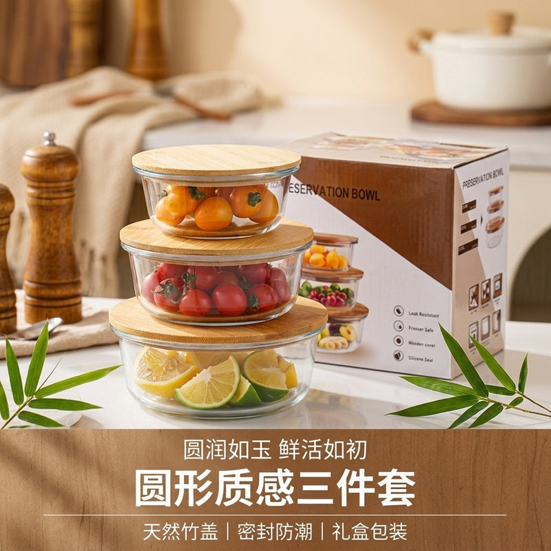 Bamboo Lid High Boron Glass Lunch Box Three-Piece Set in Color Box, Sealed Lunch Box, Picnic Box, Microwaveable Lunch Box