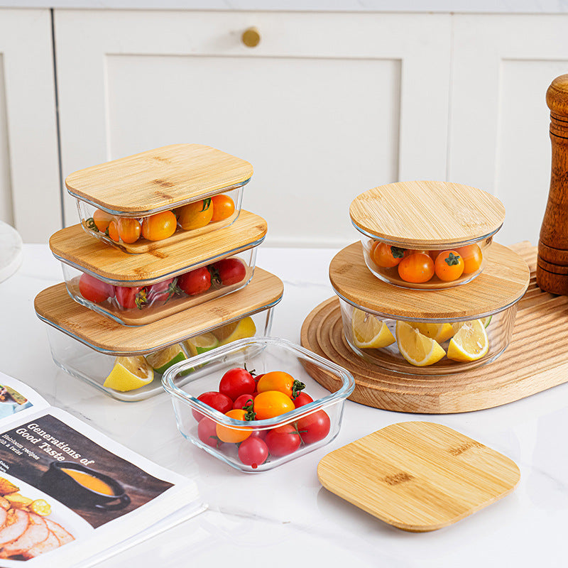Bamboo Lid High Boron Glass Lunch Box Three-Piece Set in Color Box, Sealed Lunch Box, Picnic Box, Microwaveable Lunch Box