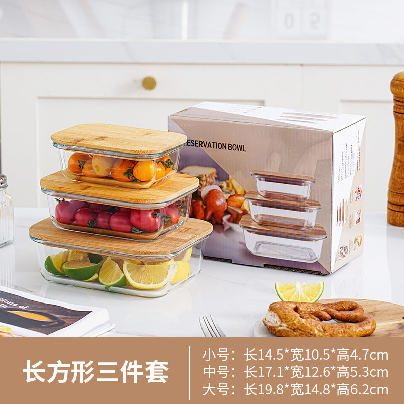 Bamboo Lid High Boron Glass Lunch Box Three-Piece Set in Color Box, Sealed Lunch Box, Picnic Box, Microwaveable Lunch Box