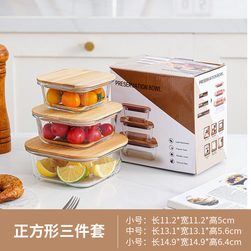 Bamboo Lid High Boron Glass Lunch Box Three-Piece Set in Color Box, Sealed Lunch Box, Picnic Box, Microwaveable Lunch Box