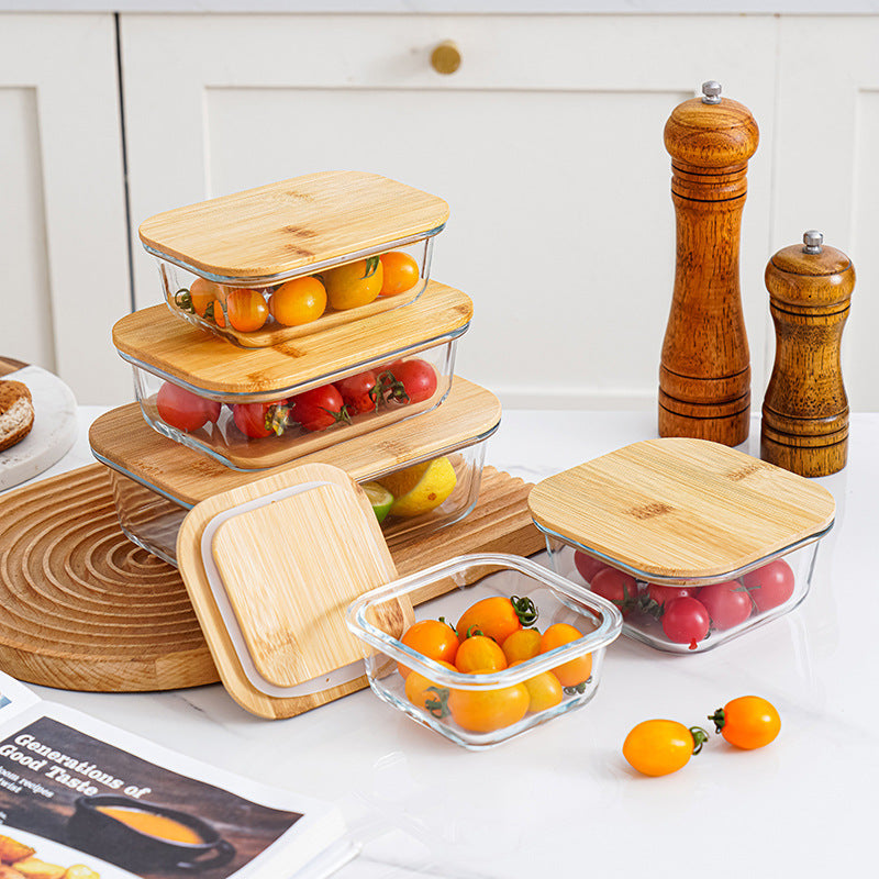 Bamboo Lid High Boron Glass Lunch Box Three-Piece Set in Color Box, Sealed Lunch Box, Picnic Box, Microwaveable Lunch Box