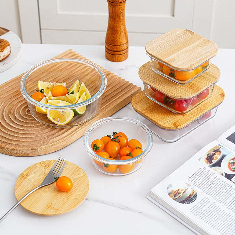 Bamboo Lid High Boron Glass Lunch Box Three-Piece Set in Color Box, Sealed Lunch Box, Picnic Box, Microwaveable Lunch Box