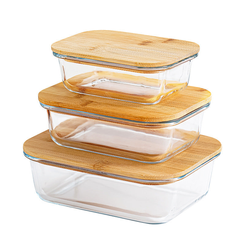 Bamboo Lid High Boron Glass Lunch Box Three-Piece Set in Color Box, Sealed Lunch Box, Picnic Box, Microwaveable Lunch Box