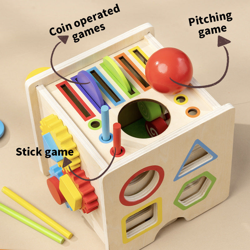 Cross-Border Wooden Eight-In-One Montessori Early Education Box Shape and Color Matching Coin-Throwing Educational Toys Wholesale