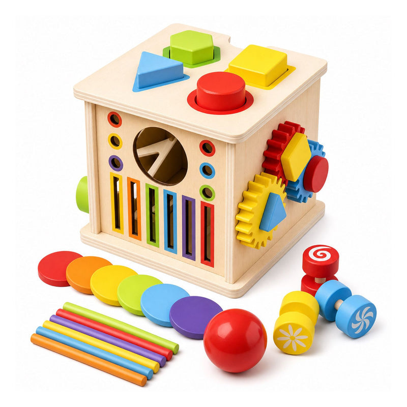 Cross-Border Wooden Eight-In-One Montessori Early Education Box Shape and Color Matching Coin-Throwing Educational Toys Wholesale