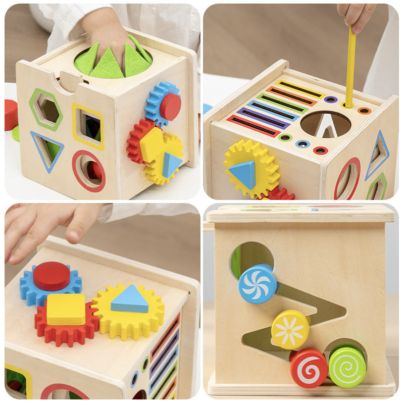 Cross-Border Wooden Eight-In-One Montessori Early Education Box Shape and Color Matching Coin-Throwing Educational Toys Wholesale