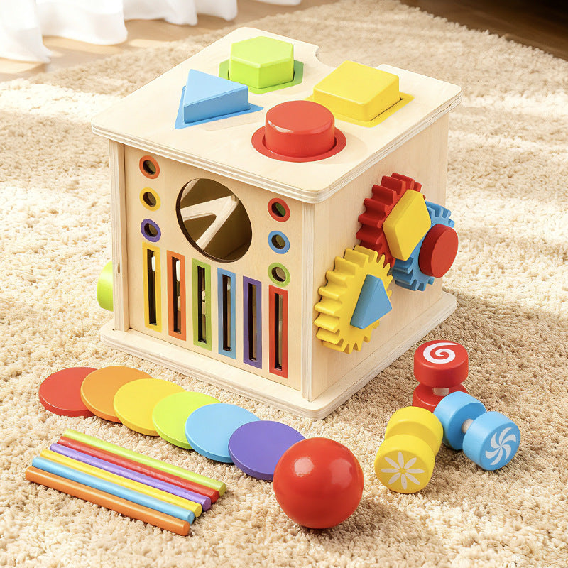 Cross-Border Wooden Eight-In-One Montessori Early Education Box Shape and Color Matching Coin-Throwing Educational Toys Wholesale