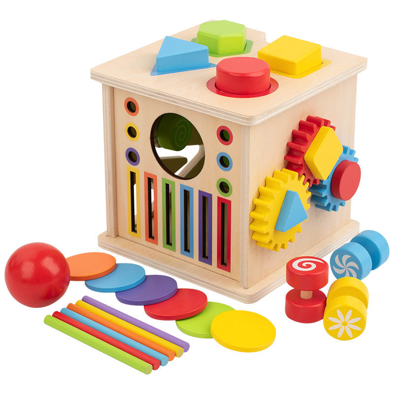 Cross-Border Wooden Eight-In-One Montessori Early Education Box Shape and Color Matching Coin-Throwing Educational Toys Wholesale