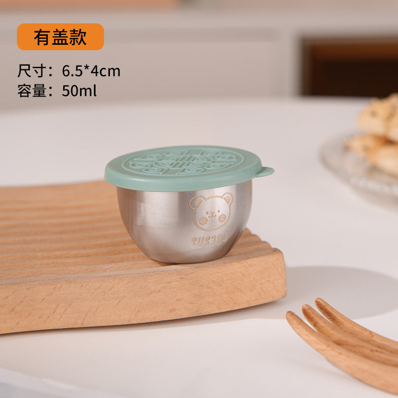 Mini Portable Sauce Cup Seasoning Box Cartoon Bear Plate with Lid Tomato Salad Sauce Cup 304 Stainless Steel