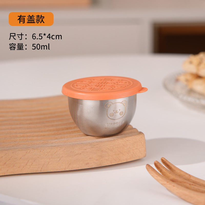 Mini Portable Sauce Cup Seasoning Box Cartoon Bear Plate with Lid Tomato Salad Sauce Cup 304 Stainless Steel