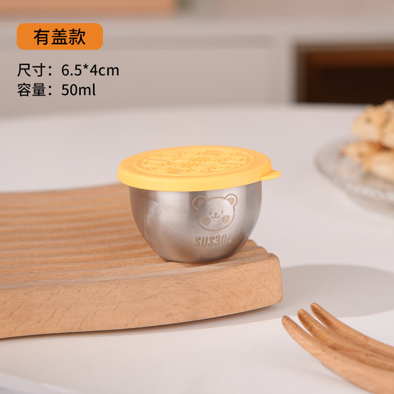 Mini Portable Sauce Cup Seasoning Box Cartoon Bear Plate with Lid Tomato Salad Sauce Cup 304 Stainless Steel