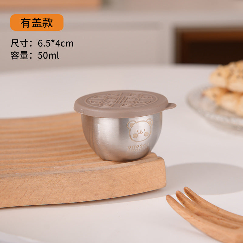 Mini Portable Sauce Cup Seasoning Box Cartoon Bear Plate with Lid Tomato Salad Sauce Cup 304 Stainless Steel