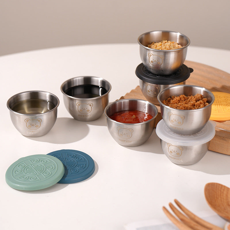 Mini Portable Sauce Cup Seasoning Box Cartoon Bear Plate with Lid Tomato Salad Sauce Cup 304 Stainless Steel