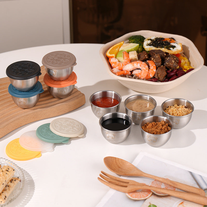 Mini Portable Sauce Cup Seasoning Box Cartoon Bear Plate with Lid Tomato Salad Sauce Cup 304 Stainless Steel