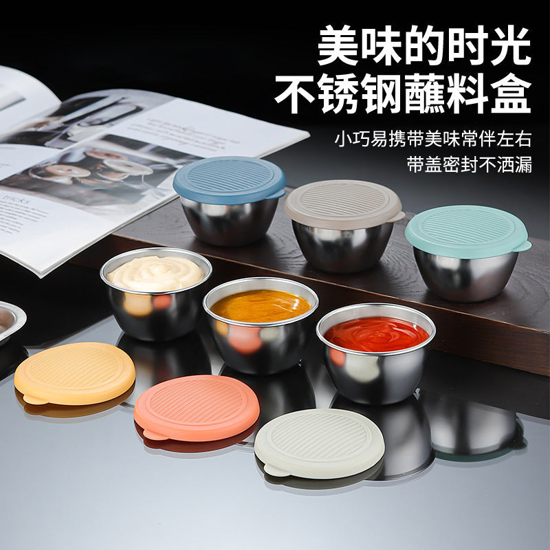 Cross-border Mini 304 Stainless Steel Dip Seasoning Box Cartoon Bear Plate with Lid Tomato Sauce Salad Sauce Cup