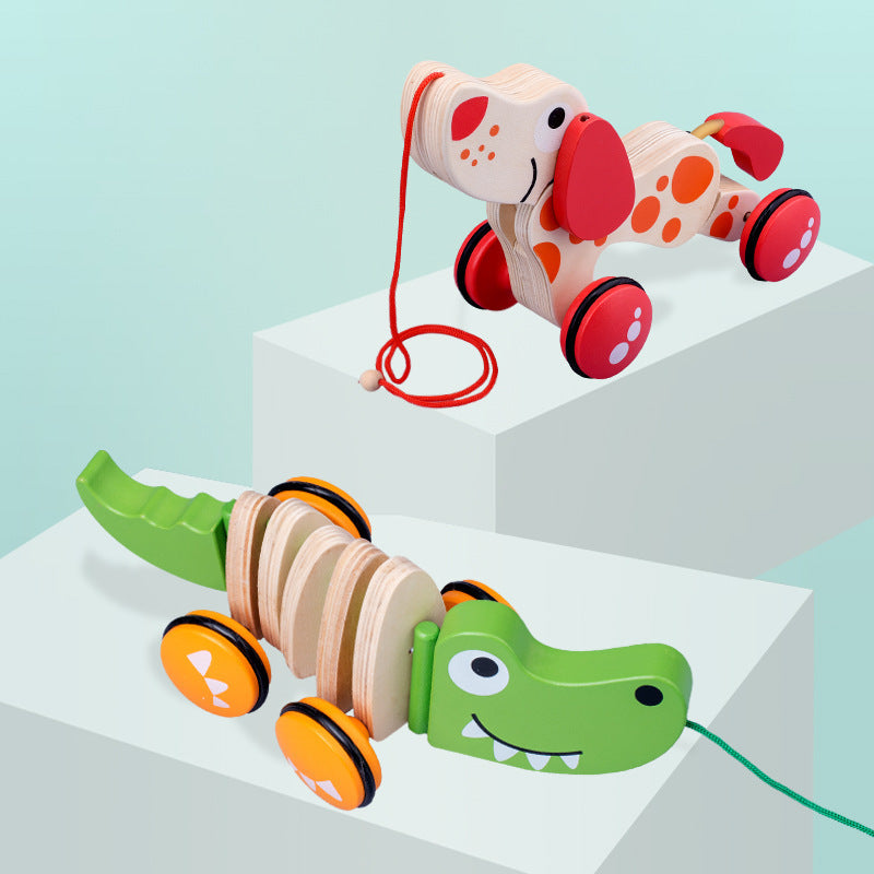Children's Wooden Animal Trailer Puppy Tractor Shape Cognitive Pull Cord Baby Toddler Toy Stroller