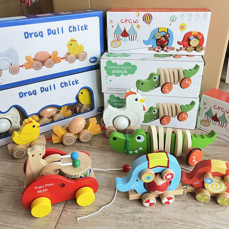 Children's Wooden Animal Trailer Puppy Tractor Shape Cognitive Pull Cord Baby Toddler Toy Stroller