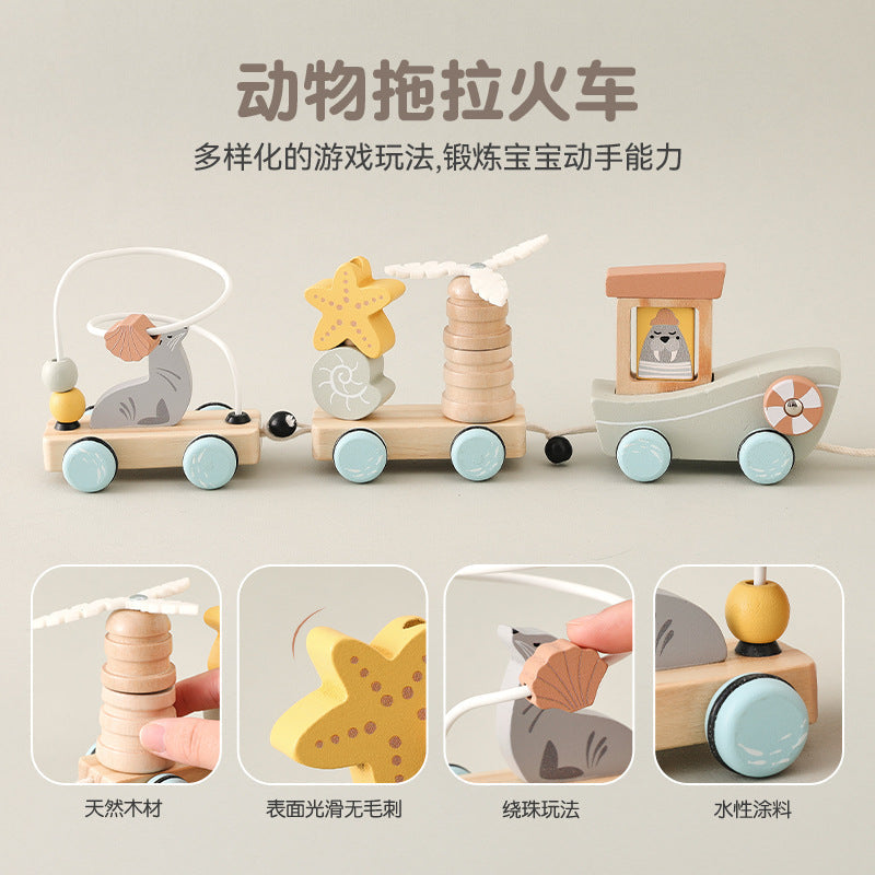 Children's Wooden Animal Drag Three-Section Small Train Baby Enlightenment Educational Toy Set Column Assembly Combination Train