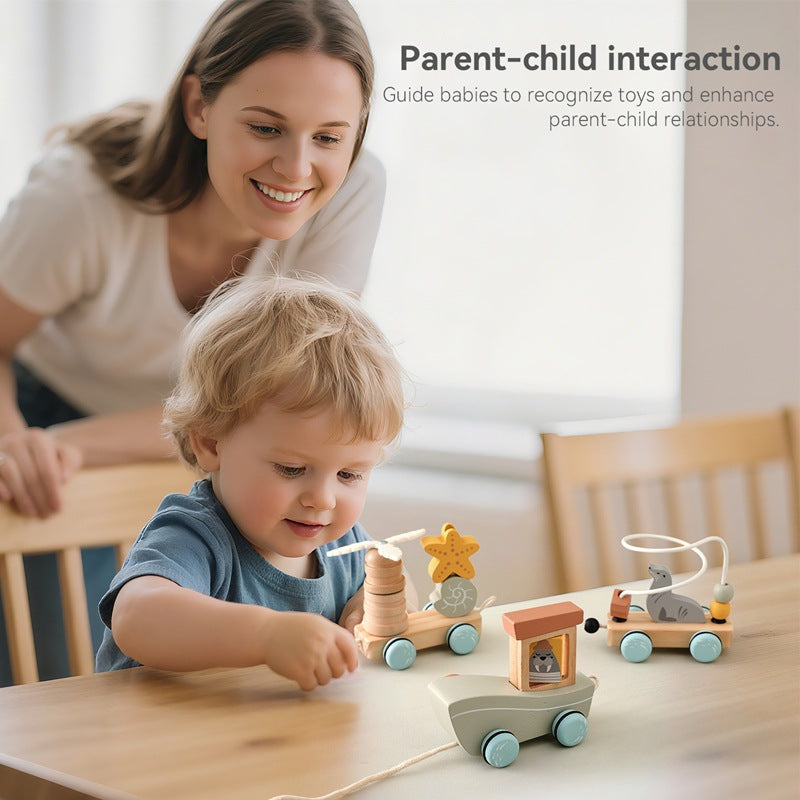 Children's Wooden Animal Drag Three-Section Small Train Baby Enlightenment Educational Toy Set Column Assembly Combination Train