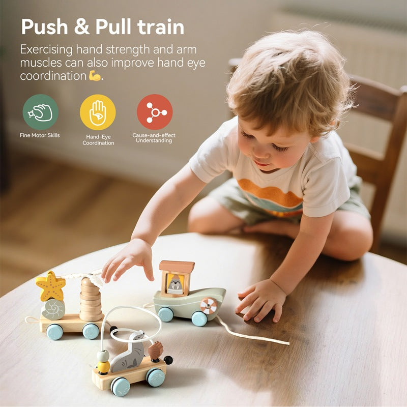 Children's Wooden Animal Drag Three-Section Small Train Baby Enlightenment Educational Toy Set Column Assembly Combination Train