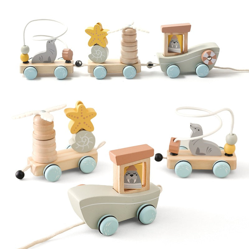 Children's Wooden Animal Drag Three-Section Small Train Baby Enlightenment Educational Toy Set Column Assembly Combination Train