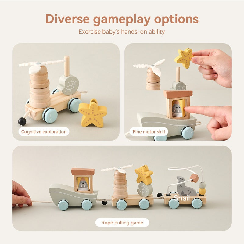 Children's Wooden Animal Drag Three-Section Small Train Baby Enlightenment Educational Toy Set Column Assembly Combination Train