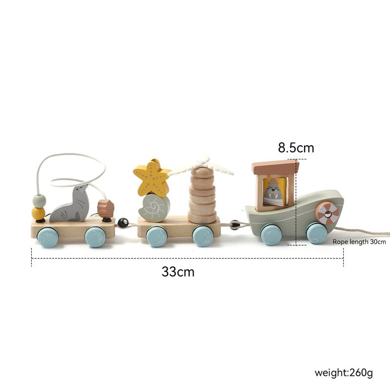 Children's Wooden Animal Drag Three-Section Small Train Baby Enlightenment Educational Toy Set Column Assembly Combination Train