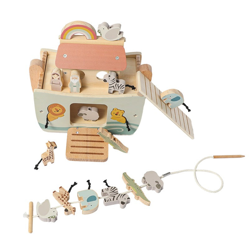 Amazon Children's Educational Wooden Multifunctional Noah's Ark Toy Set Baby Shape Matching Threading Toy