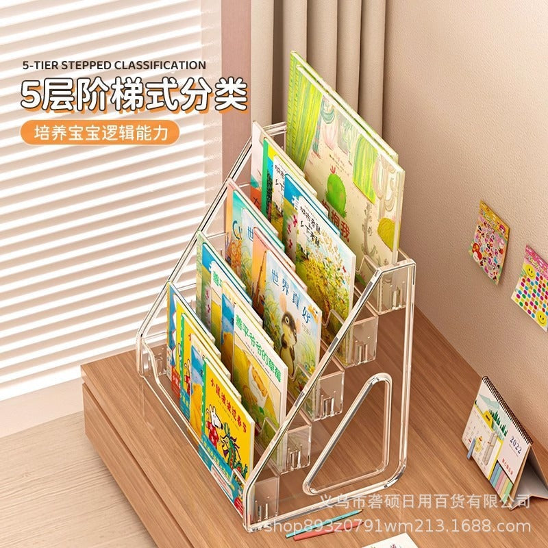 Transparent Acrylic Stepped Book and Magazine Storage Rack Multi-Layer Desktop Book Stand Bedside Table Children's Picture Book Storage